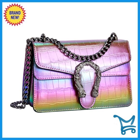 Handbags - Vintage Snake Print PU Leather Crossbody Bag with Chain Strap - 9x3.1x5.5